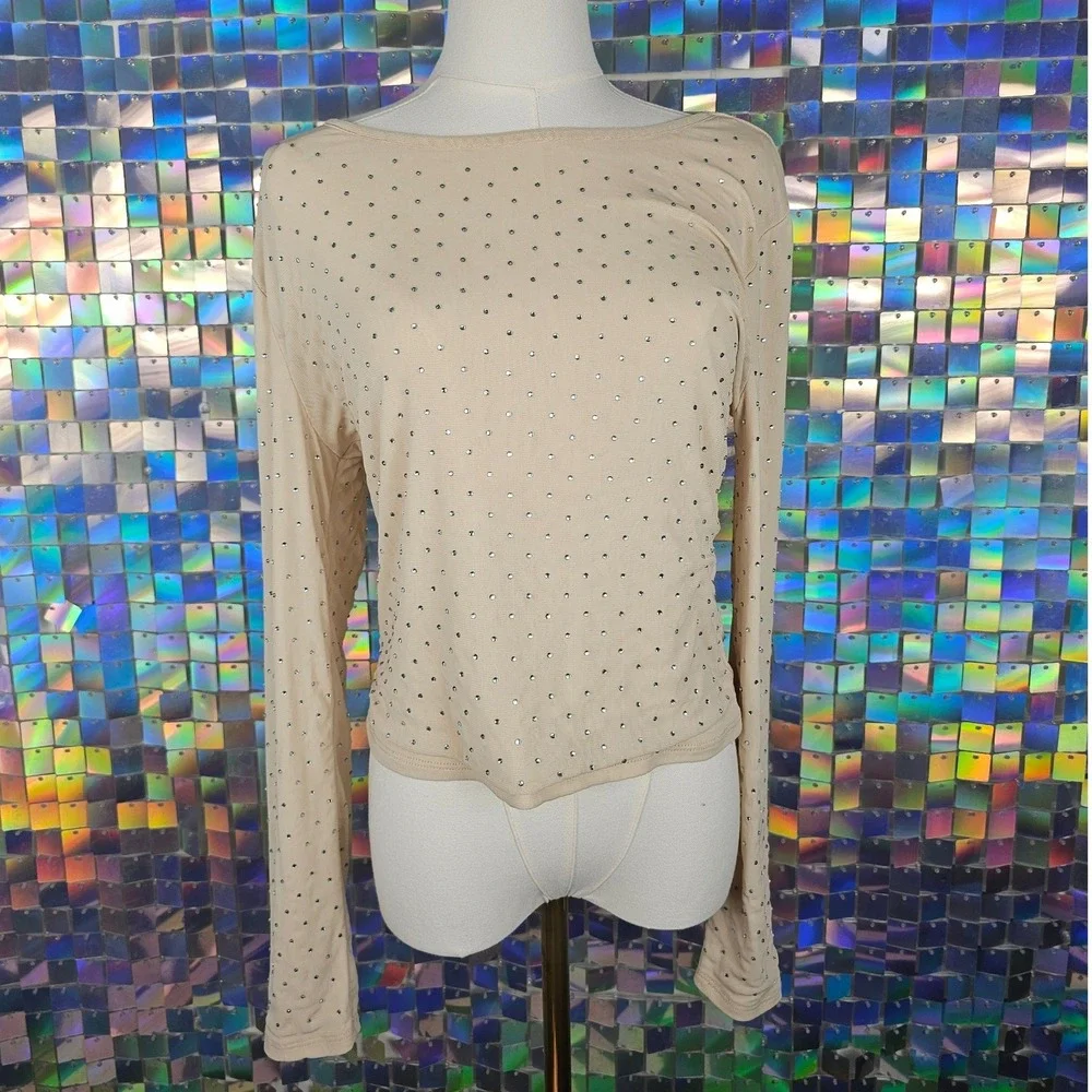 Almost Famous Rhinestone Mesh Top Womens XL Beige Excellent Long‎ Sleeve Sparkle